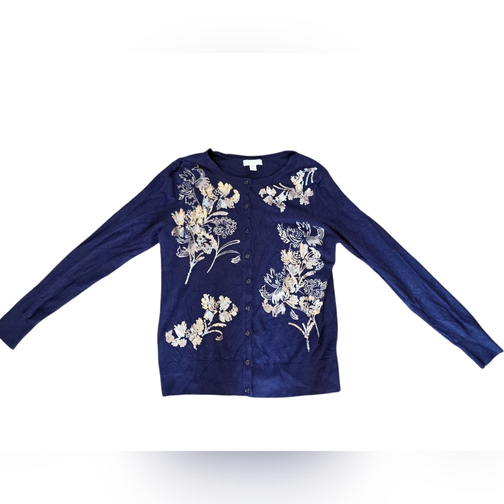 Charter Club Blue Sequin & Embroidered Detail Button-Up Cardigan Sweater Size M